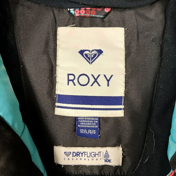 Roxy Girls DryFlight 10K Hooded Ski Jacket Sz 12 L Geometric Dot Print Pink Blue - Picture 3 of 8